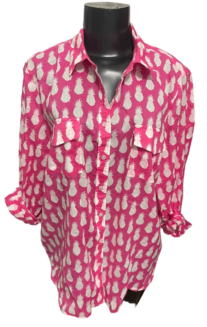 Large Talbots Womens Casual Button Down Pineapple Print Cotton Shirt Pockets