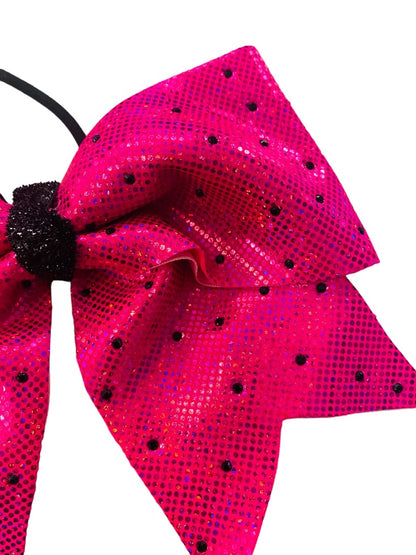 Girls Oversize Hair Bow 6.5" Elastic Ponytail Hot Pink Black Dots Gilttery Shiny