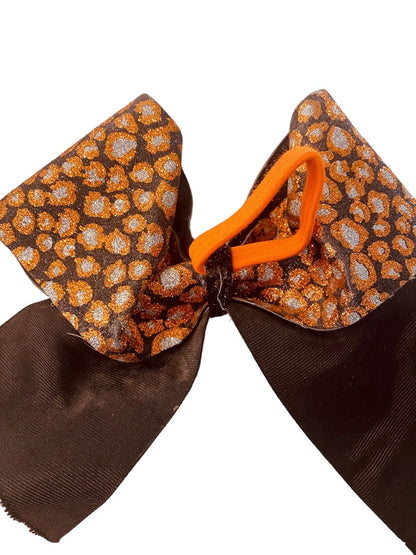 Girls Oversize Hair Bow 7.5" Elastic Ponytail Black Orange Silver Animal Print Glittery