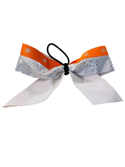 Girls Oversize Hair Bow 8" Elastic Ponytail Silver Orange Star Print