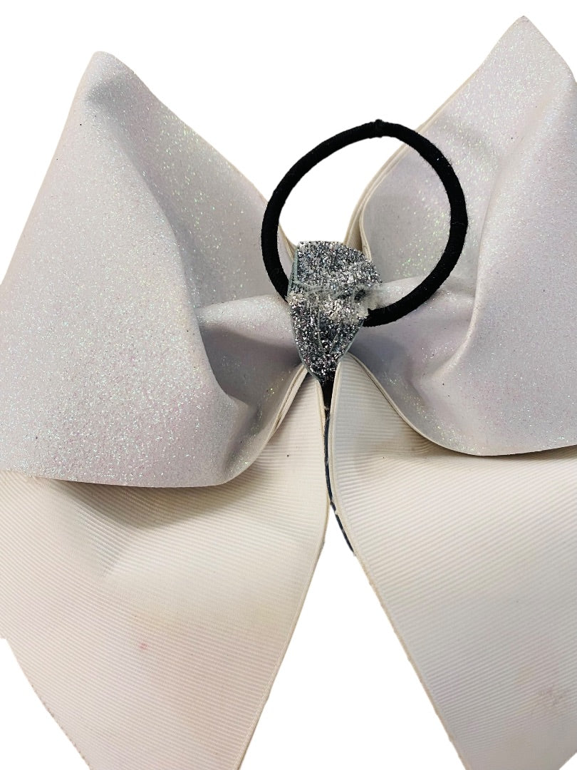 Girls Oversize Hair Bow 8" Elastic Ponytail Holder White Black Glitter