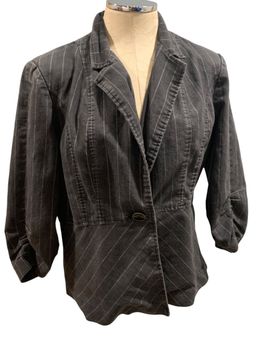 XL Robert Louis Womens Casual Stretch Cotton Gray Pinstripe Blazer Jacket 3/4 Sleeve