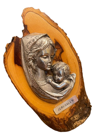 Jerusalem Metal Madonna Child on Wood Block Israel Christian 5"h