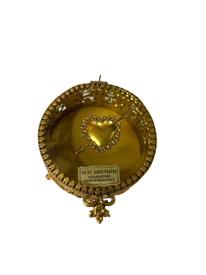 1960s Ormolu Gold Heart 24K Gold Plated 3" Round Jewelry Trinket Box New Carters Scranton PA