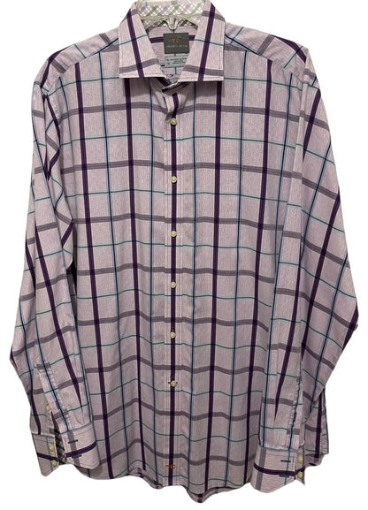 XL Thomas Dean 100% Pima Cotton Mens Plaid Dress Shirt Purple Long Sleeve