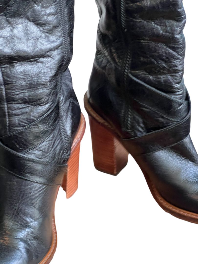 Size 8M Boutique Women's Charissa Black Leather Over the Knee Buckle Heeled Boots Boot