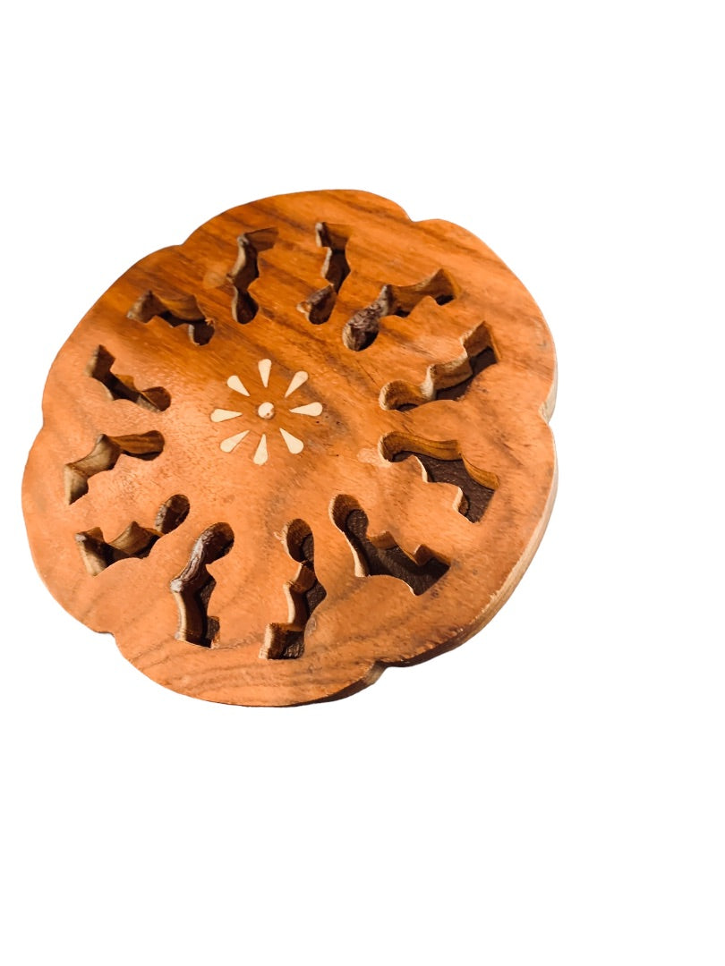 1970s Vintage Wooden Trivet 6" White Inlay Wooden Plant Tray Felt Feet