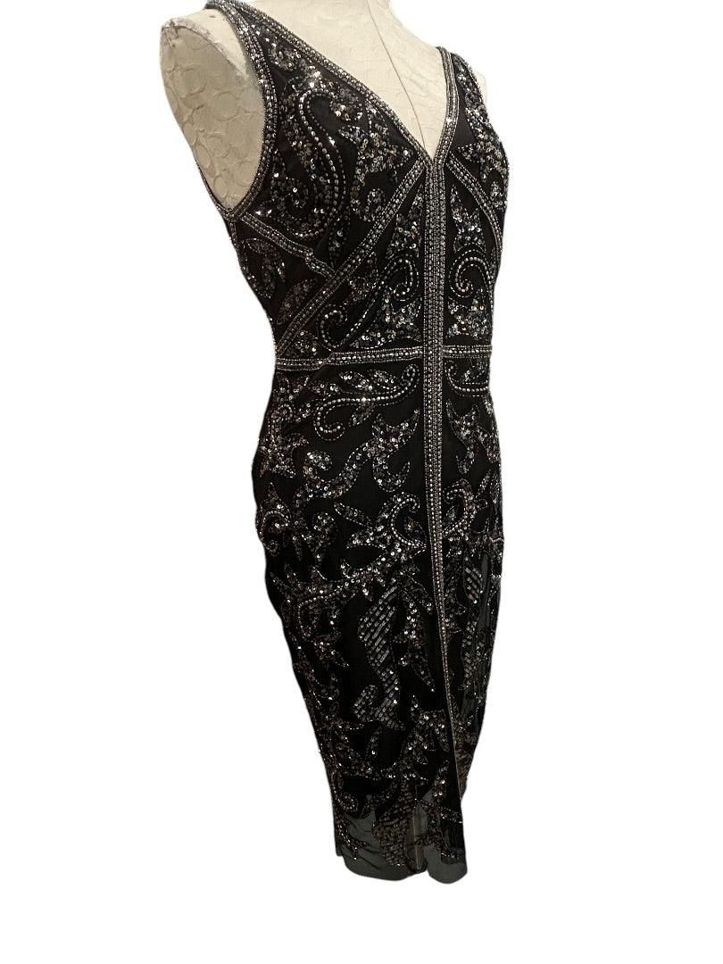 Size 6 Adrianna Papell New Beaded Black Sheath Dress Pewter Silver Beading Sleeveless