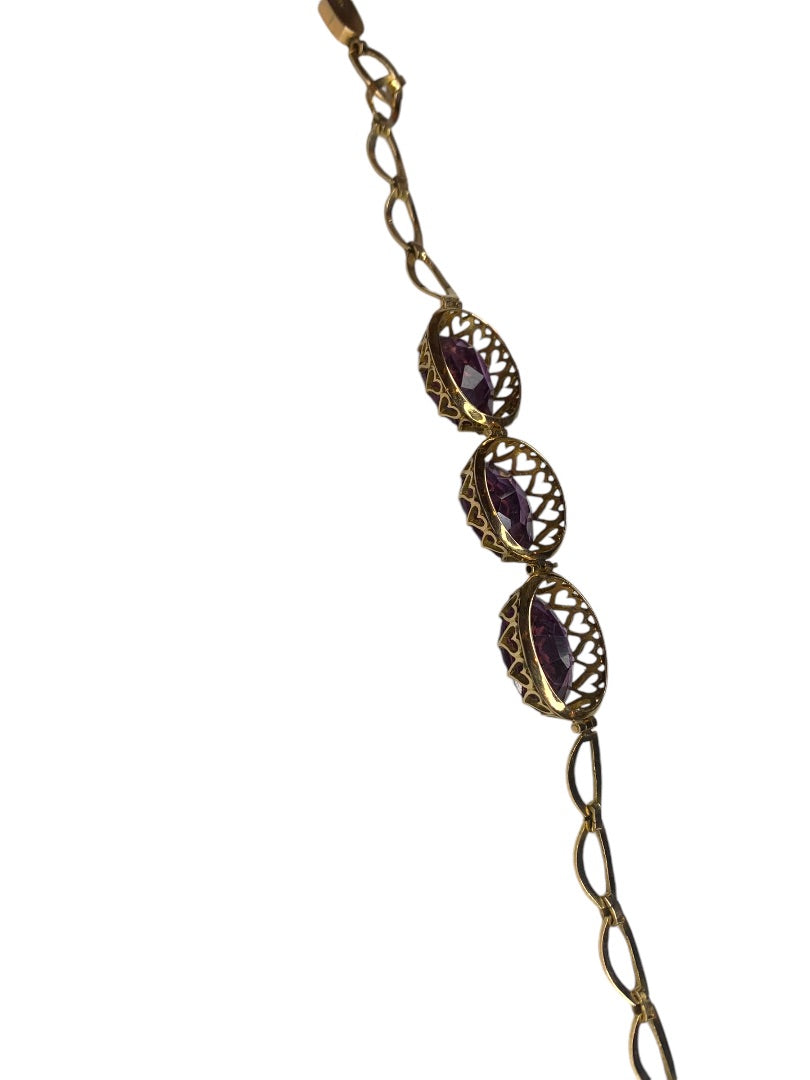 14k Yellow Gold Synthetic Amethyst Bracelet Vintage Jewelry Heart Filigree Setting 7.5"
