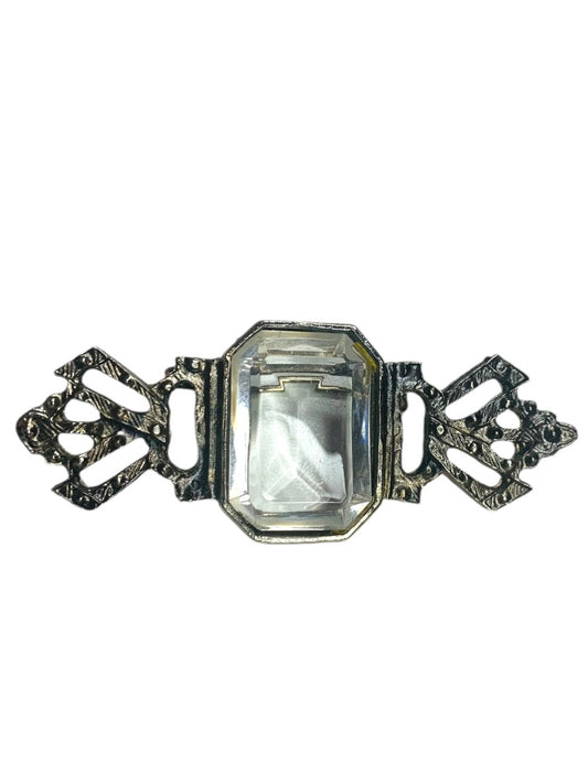 Vintage Pewter Color Brooch Pin Clear Faceted Lucite Crystal 2.8" Antiqued Look