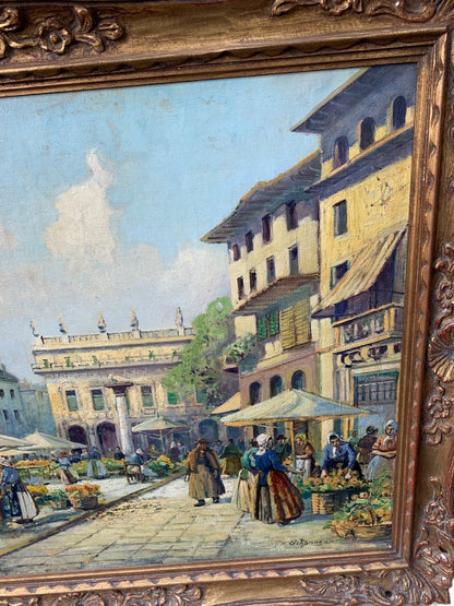 H Johanns Oil Painting on Canvas Market Day Town Square Signed 33.5" x 45.5" Framed