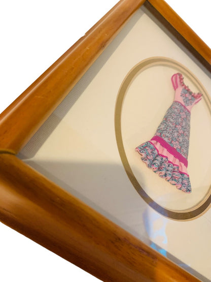 Framed Dimensional Clay Art Peasant Dress Pink Blue Wooden Frame. 11.5" x 9.5"