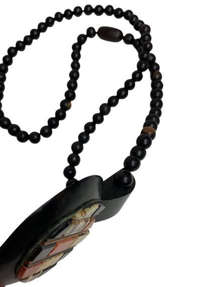 Vintage Wooden Beaded Pendant Statement Necklace Boho Style 30" Overhead No Clasp