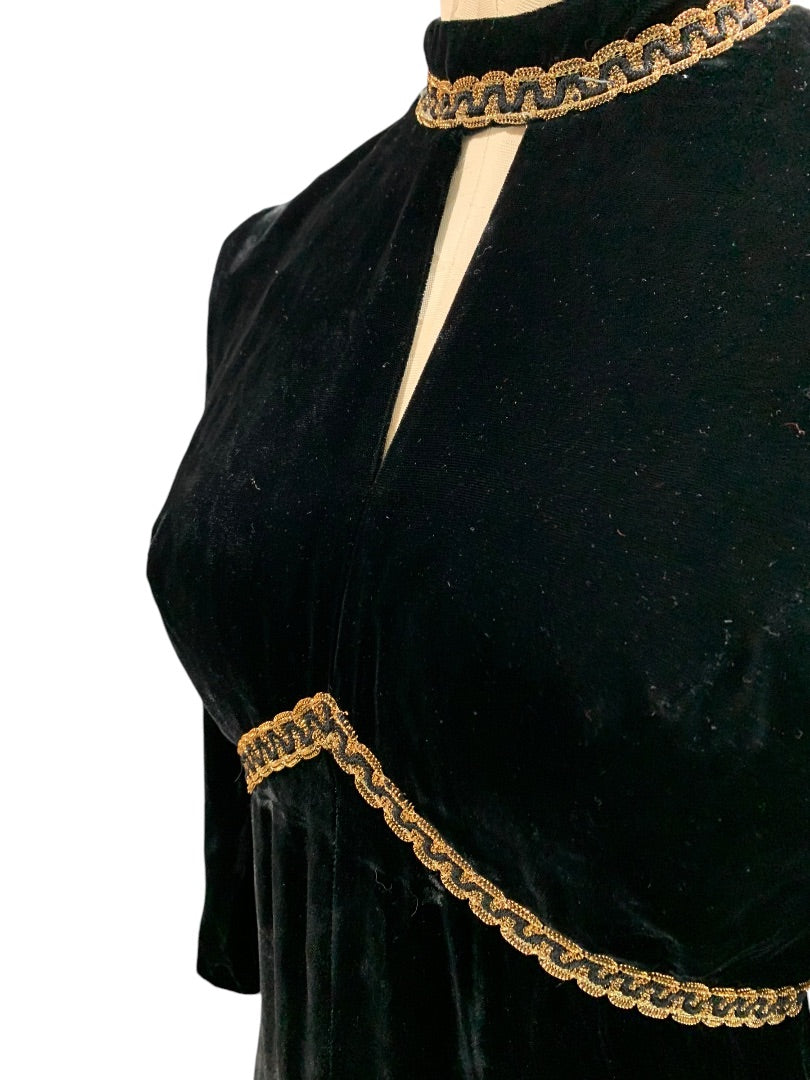 Small Black Velvet 1960s Handmade Dress Gold Tim Full Length