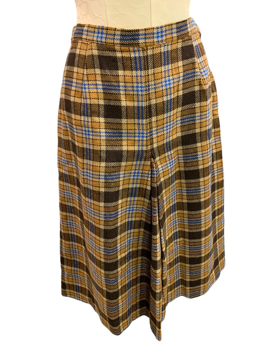 Small Vintage 1970s Wool A-Line Plaid Skirt Front Pleat Union Label Side Zip