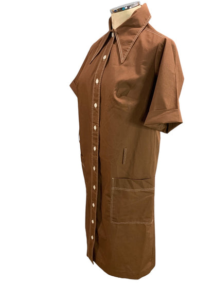 Size 16.5 Vintage 1970s House Dress Brown Cotton Dacron Blend Pockets Pointed Collar