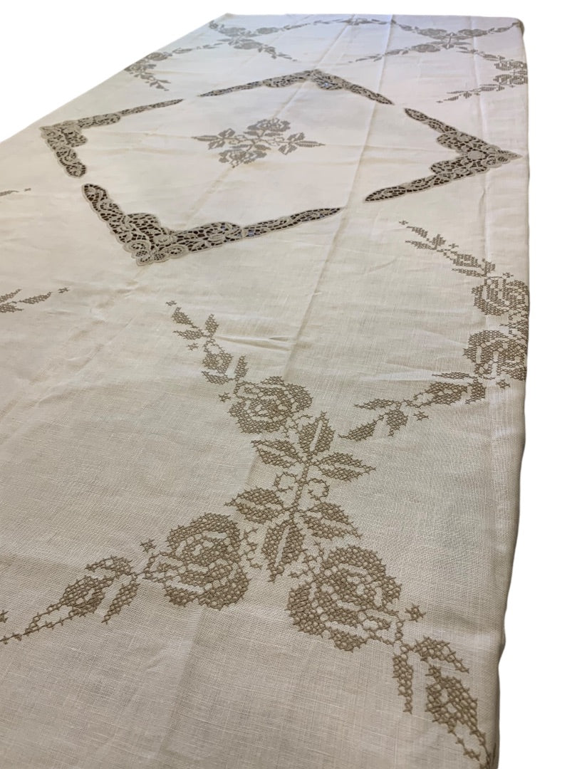 Vintage Tablecloth Embroidered Taupe Floral 66 x 83 Inches Scalloped Edge