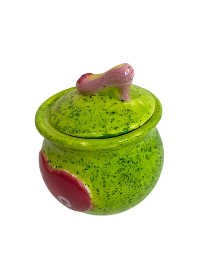 Green Lidded Jar 3.5 Inches High Heel Heart XO Glazed Ceramic