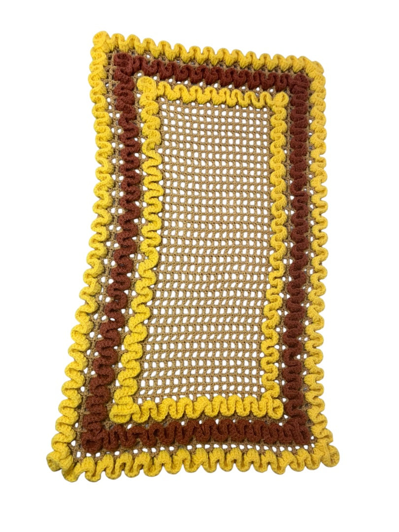 Vintage 1970s Handmade Crocheted Dresser Scarf runner Yellow Brown 29x17 Inches