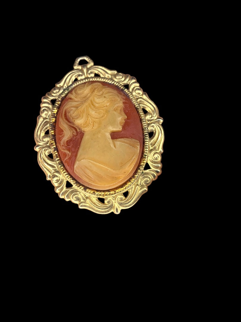 Vintage Cameo Pendant Goldtone Pink Statement 2.25 Inches