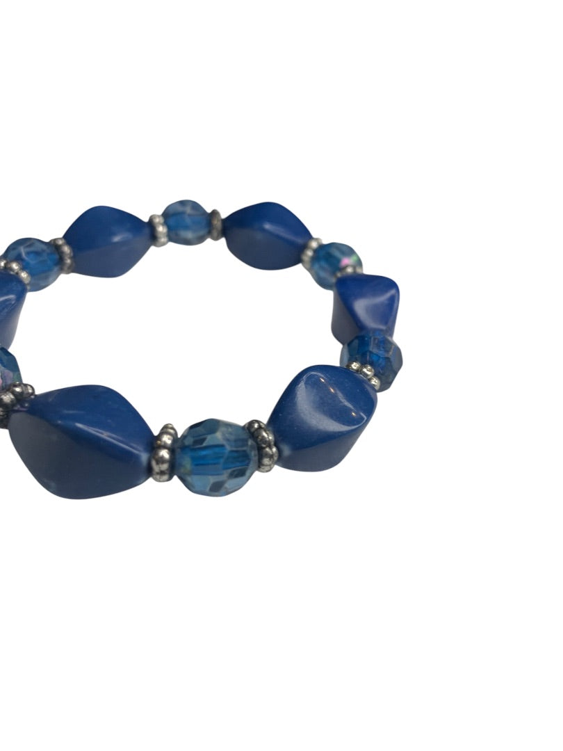 Blue Silvertone Spacers Acrylic  Beaded Stretch Bracelet