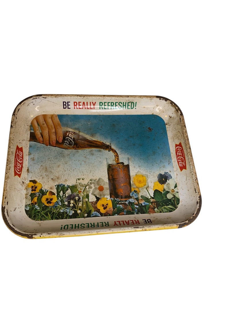 Vintage 1961 Coca Cola "Be Really Refreshed" Pansy Flower Metal Serving Tray