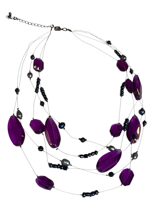 Multistrand Purple Beaded Wire Necklace 16-18 Inch