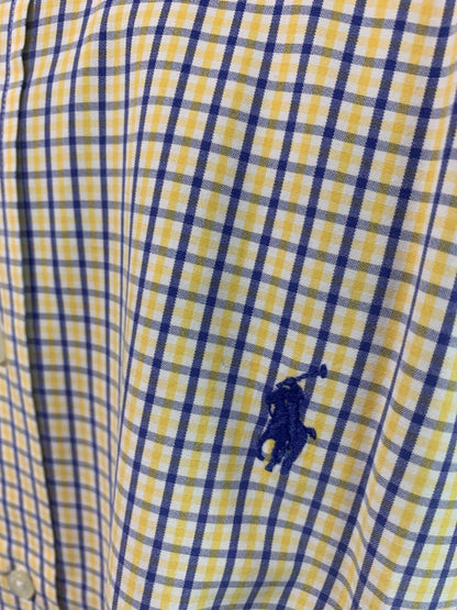 Large Ralph Lauren Mens Blake Button Down Shirt Short Sleeve Yellow Blue Plaid