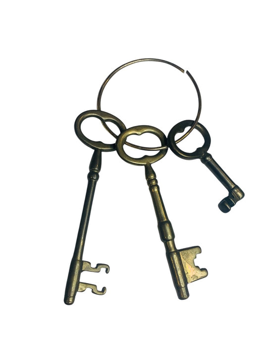 3 Solid Brass Jailers Pirate Church Skeleton Key Ring Set Victorian Decor