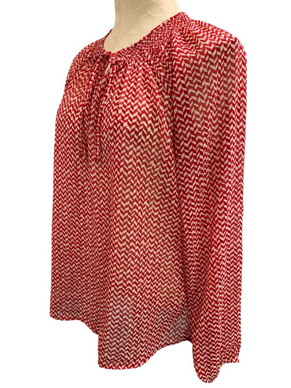 Medium Gap Womens Peasant Style Blouse Sheer Shirt Red White