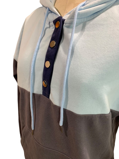 Medium Womens Blue Gray Hoodie Sweatshirt Snaps Colorblock