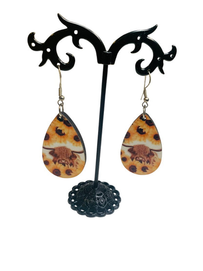 Sunflower Highland Cow Hook Pierced Earrings Lightweight Double Sided