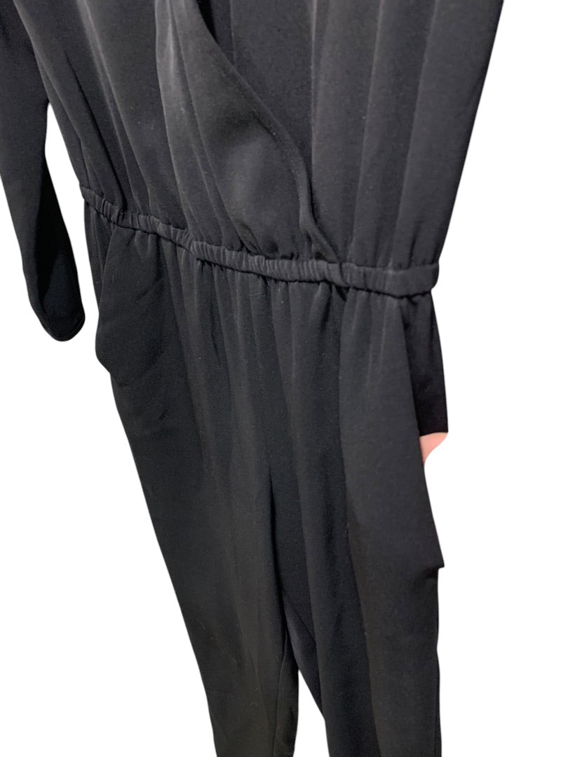 Size 6 H&M Womens V-Neck Jumpsuit Black Pockets Long Sleeve Elastic Waist