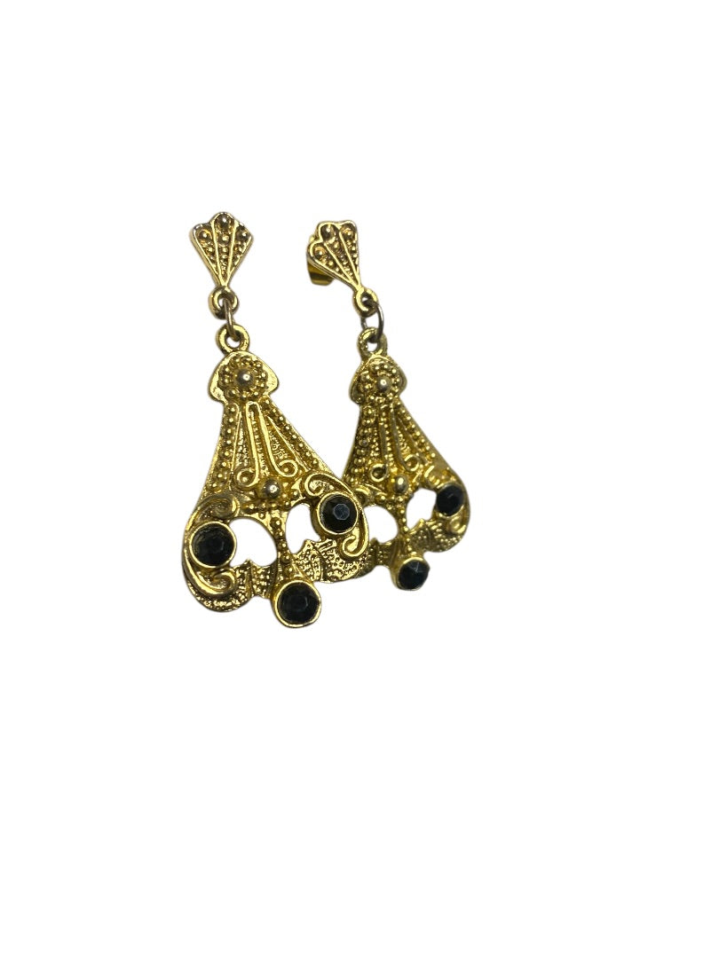 Goldtone Black Post Pierced Earrings Art Deco Style 2 Inch Drop