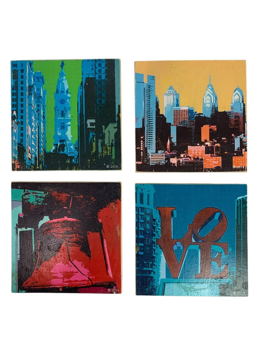 Set of 4 Magnet Drink Coasters Wooden Philadelphia 2014 Bright Graphics
