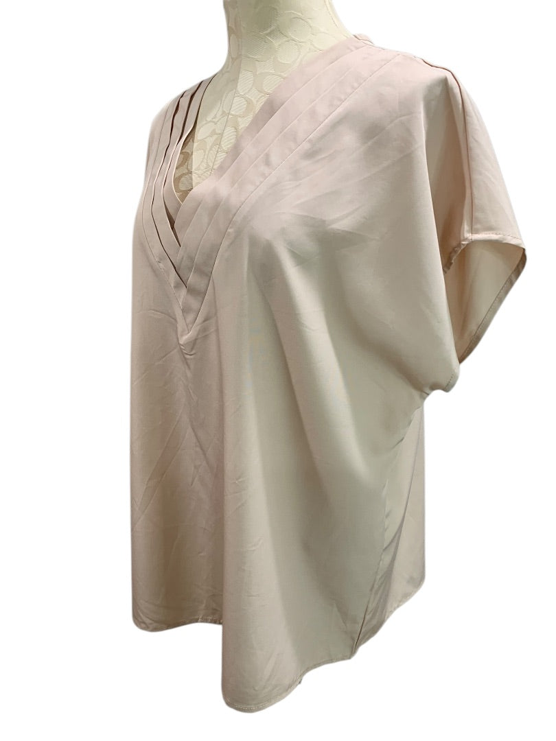 1XL Womens Beige V-Neck Pullover Blouse Shirt Short Dolman Sleeve