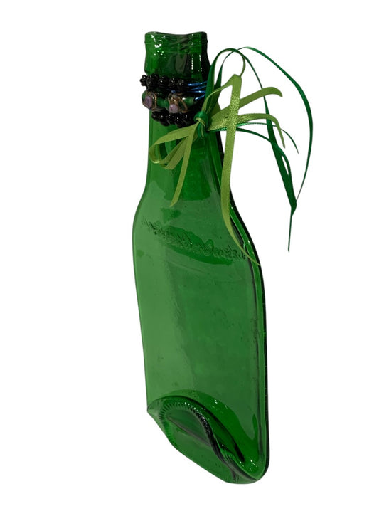 Upcycled Flattened Green Glass Bottle Decorative Neck Ribbon Beads 9.5 Inches