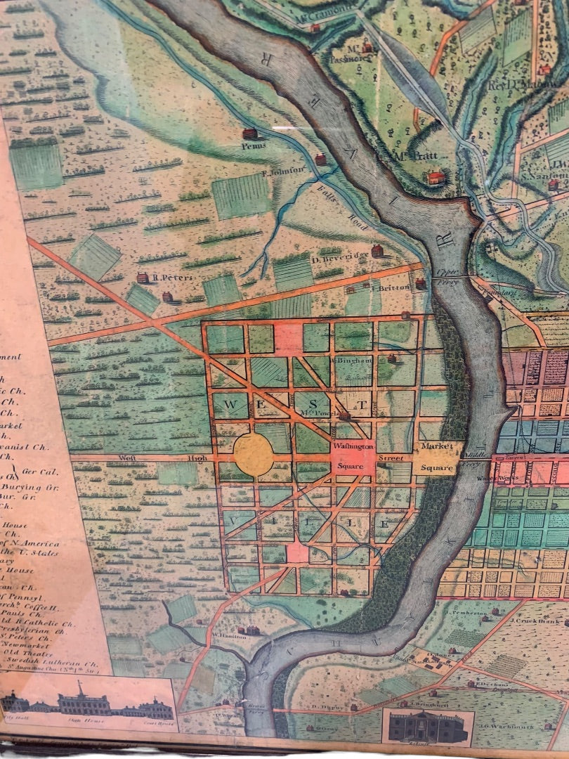 Reproduction 1802 Framed Map of Philadelphia Wooden Frame 34.5 x 26.5 Inches