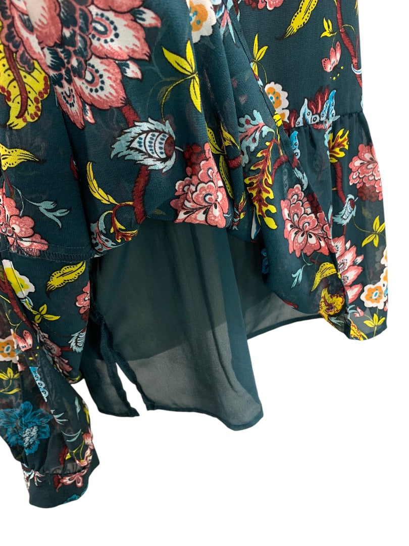 Medium LOFT Sheer Floral Print Blouse Flounce Hem Shirt