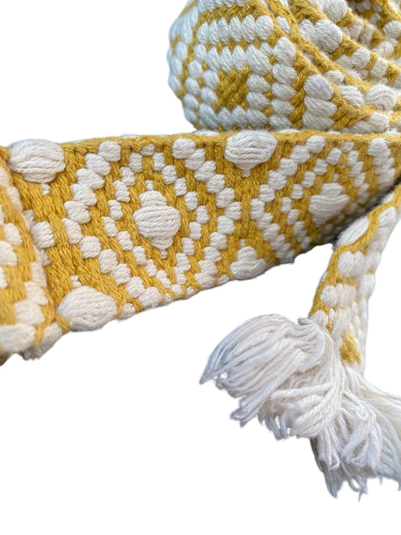 Womens Boho Woven Belt D-Ring Fringed 1.5 Inch Width Gold Off White