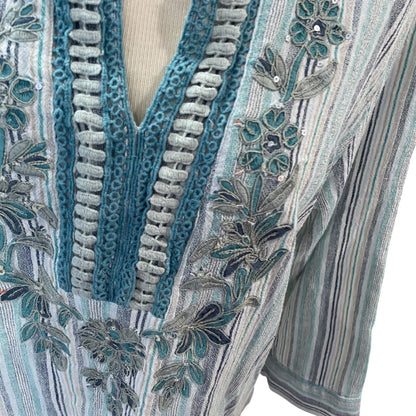 Large Soft Surroundings Womens Tunic Shirt Embelia Blue Green Embroidered Sequin