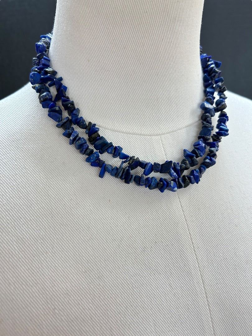 Strand String 34 Inch Necklace Lapis Lazuli Chip Stones 925 Sterling Clasp