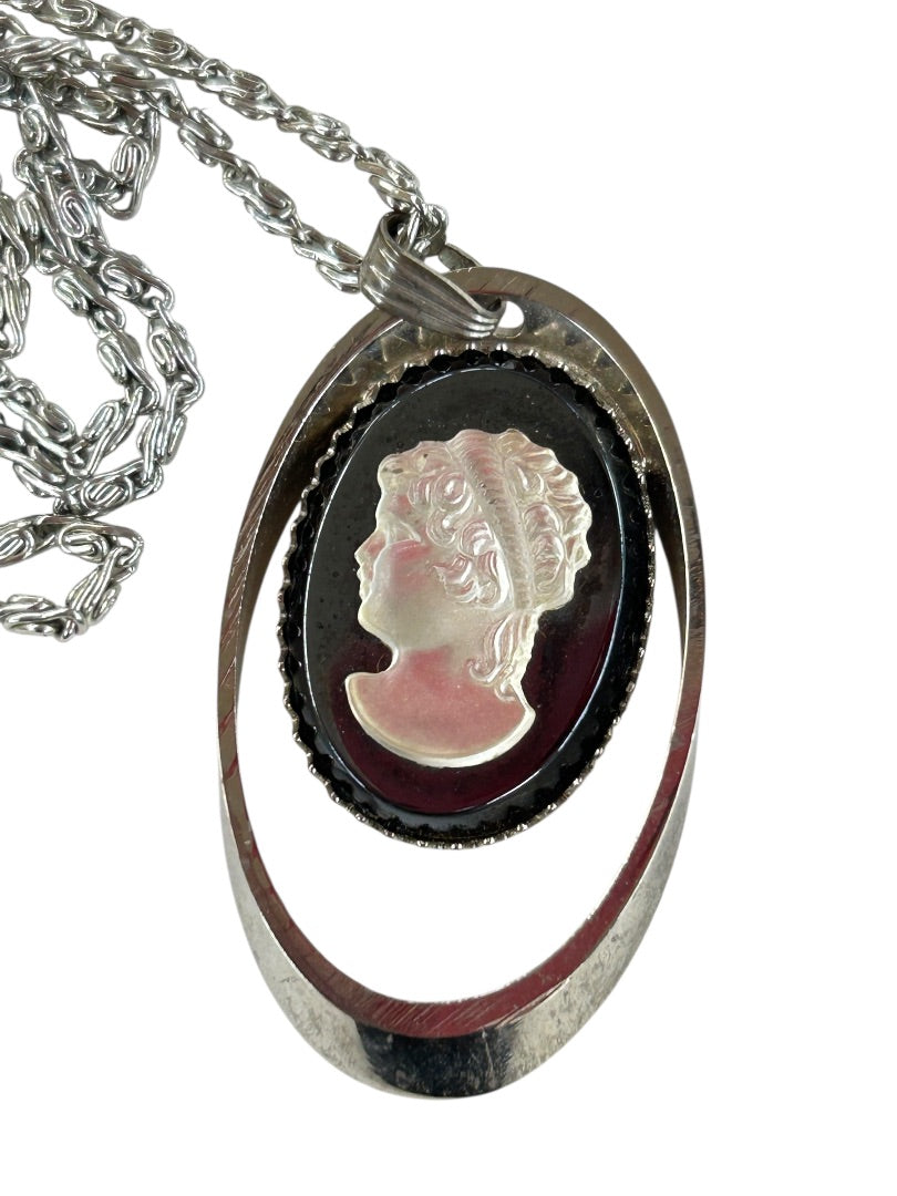Silvertone Overhead Necklace 24 Inch Cameo Pendant 1.75"