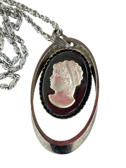 Silvertone Overhead Necklace 24 Inch Cameo Pendant 1.75"