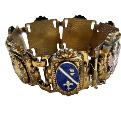 Vintage Goldtone 7 Panel Bracelet Crests France 7 Inch Chunky