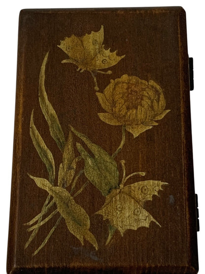 Vintage Wooden Hinged Box Rose Butterfly Painted 5.75 x 3.5 x 1.75"h