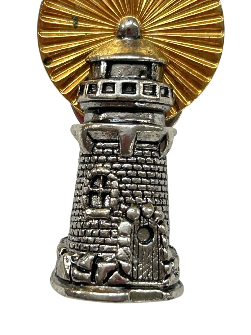 Vintage Signed Avon Lapel Pin Lighthouse Beacon 1.4" Goldtone Silvertone