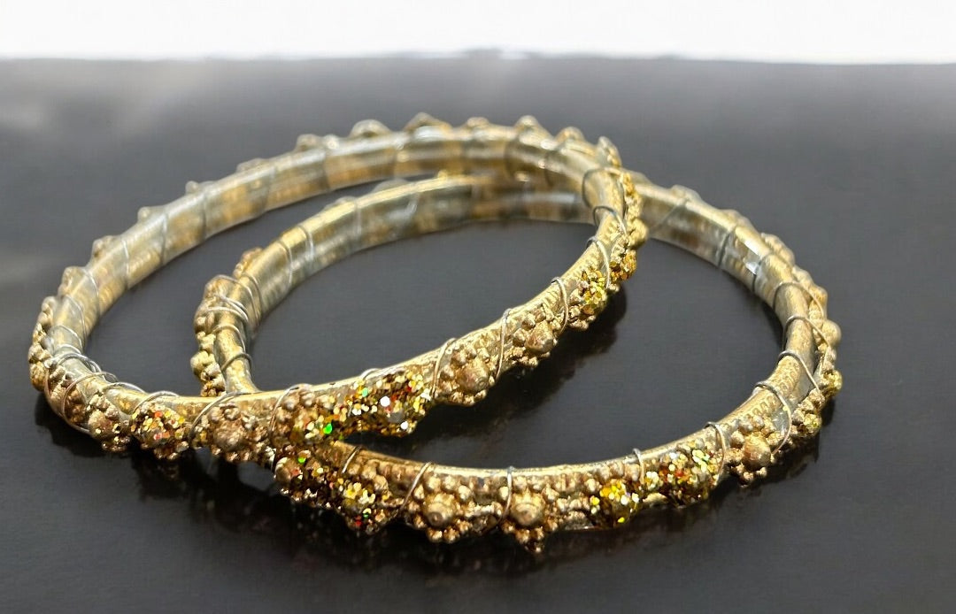 Lightweight Goldtone Small Bangle Bracelets Set of 2 Glitter 2.25" Inside Diameter
