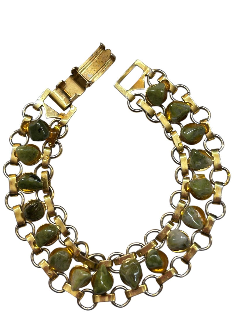 Vintage Goldtone Green Stone Bracelet 7 inch Foldover Clasp