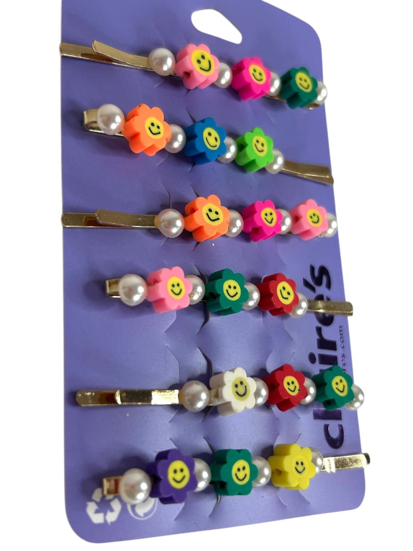 Claires New Rainbow Flower Smiley Face Bobby Pin Faux Pearl Set of 6
